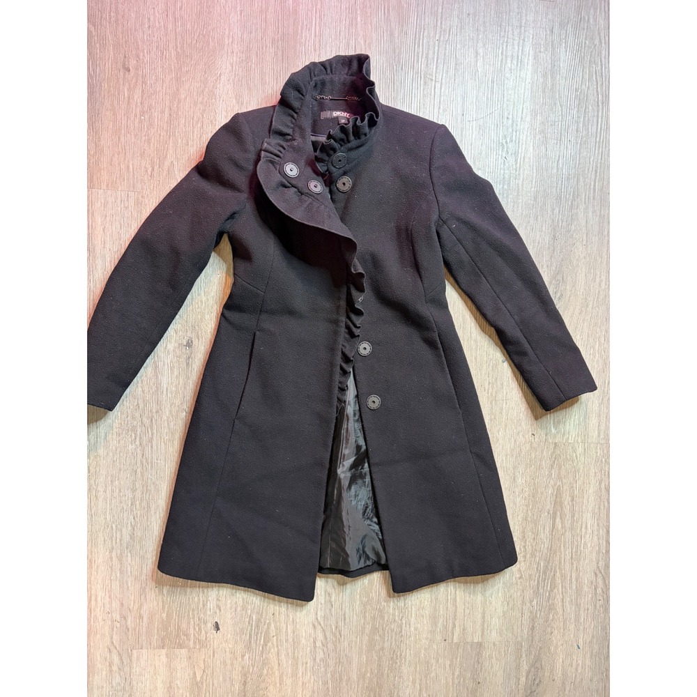 DKNY Black Ruffle Collar Button Front Wool Blend Coat Womens Size 2P Petite